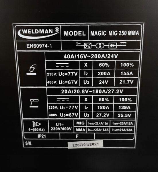 Weldman Magic Mig 250 semi-automatic welding machine